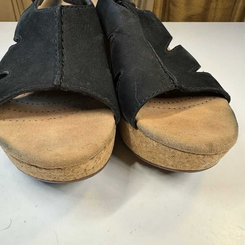 Clarks Sandals Womens Sz 7 M Annadel Bari Platform Wedge Slingback Black Cork